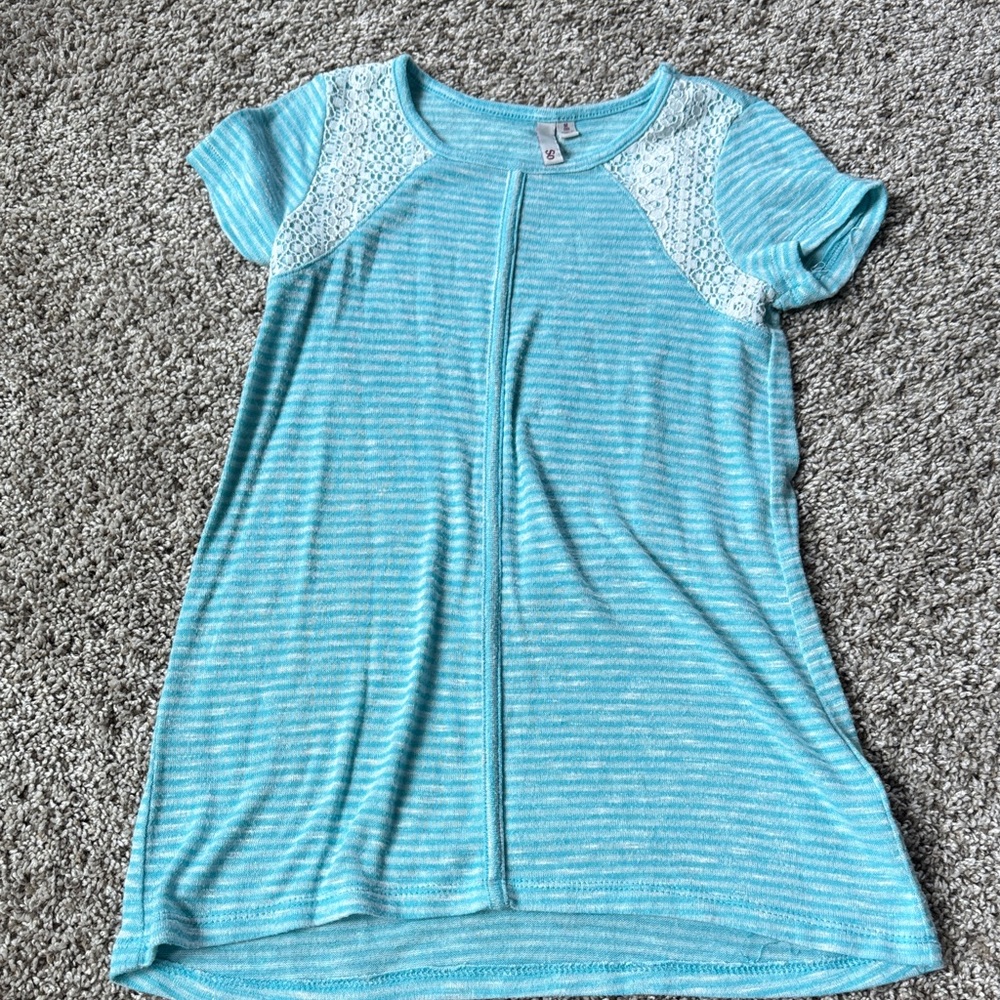 SO Aqua Striped Top with Lace Accent